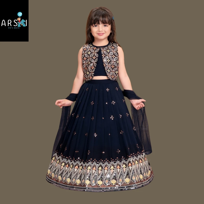 Navy Blue Embroidered Lehenga Choli with Jacket for Girls | Traditional Festive Wear Set