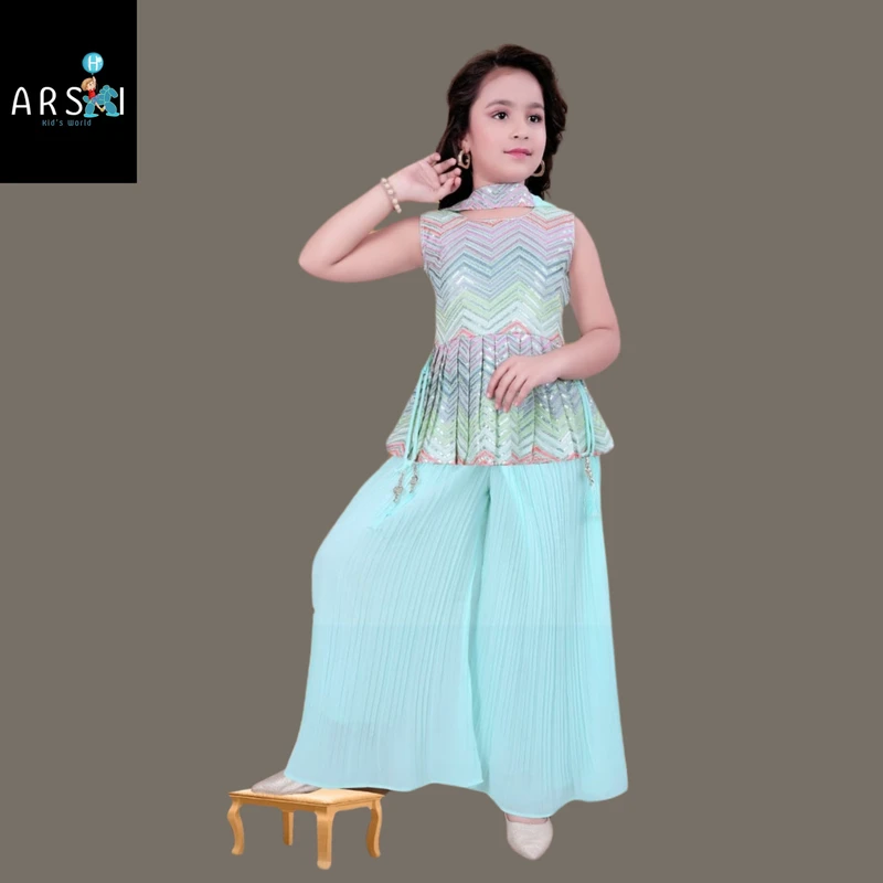 Girls Mint Green Palazzo Set with Sequin Zigzag Top | Stylish Party Wear
