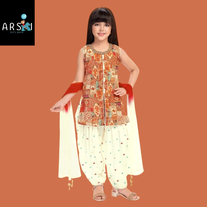 Trendy Orange Printed Kameez with White Patiala Salwar for Girls