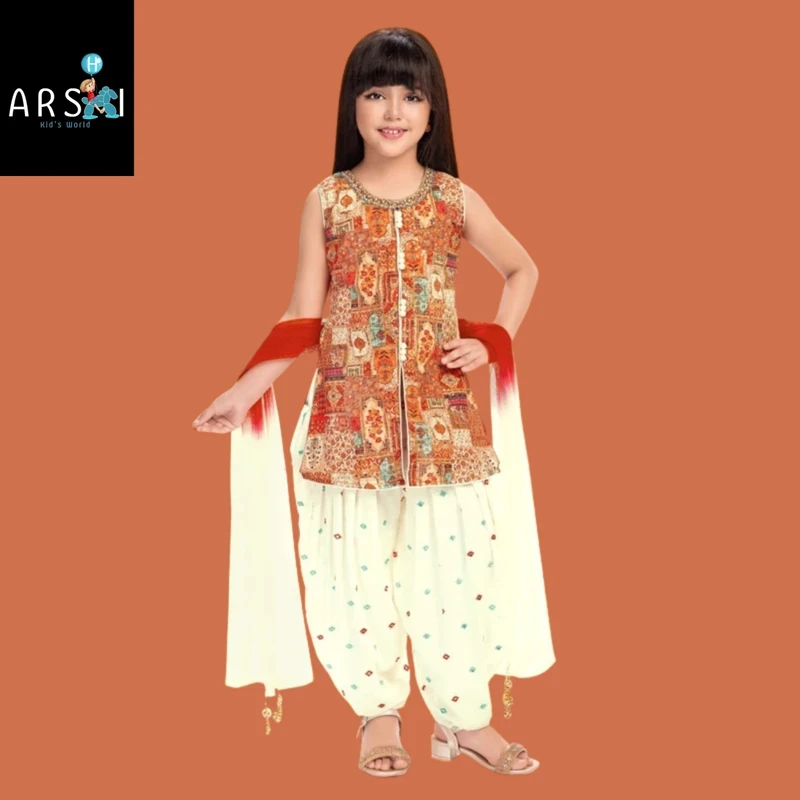 Trendy Orange Printed Kameez with White Patiala Salwar for Girls
