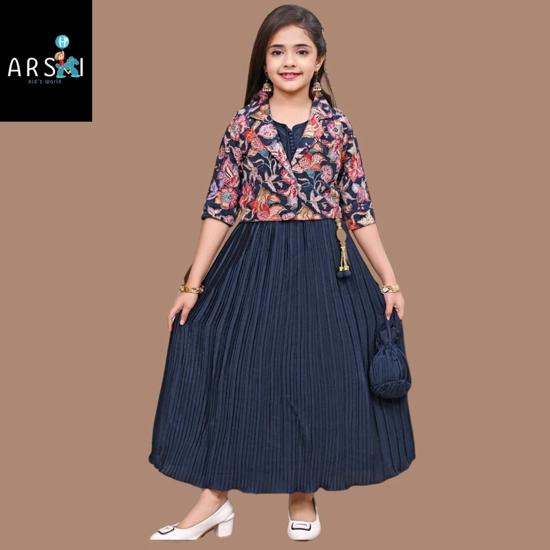 Girls Navy Pleated Gown with Floral Embroidered Jacket | Designer Ethnic Dress & Potli Bag Set