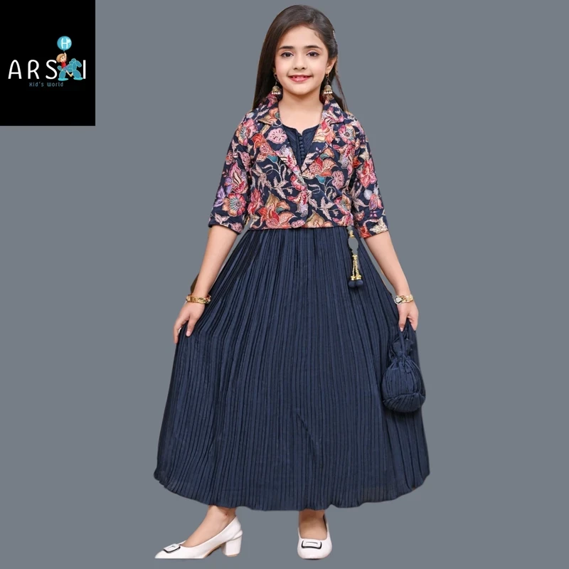 Girls Navy Pleated Gown with Floral Embroidered Jacket | Designer Ethnic Dress & Potli Bag Set