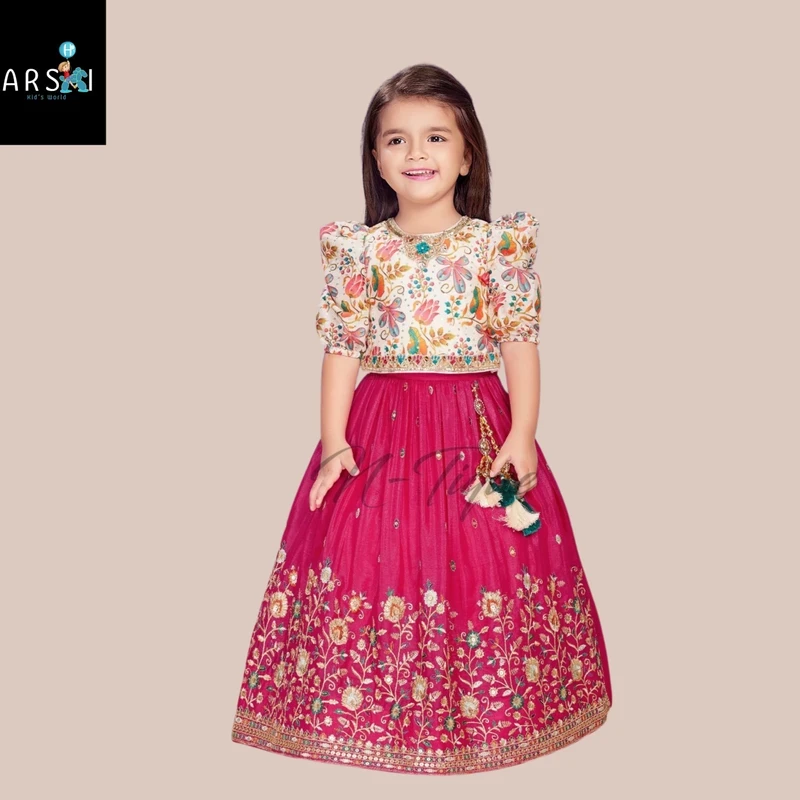 Cream and Pink Embroidered Lehenga Choli for Girls | Puff Sleeve Ethnic Dress with Potli Bag