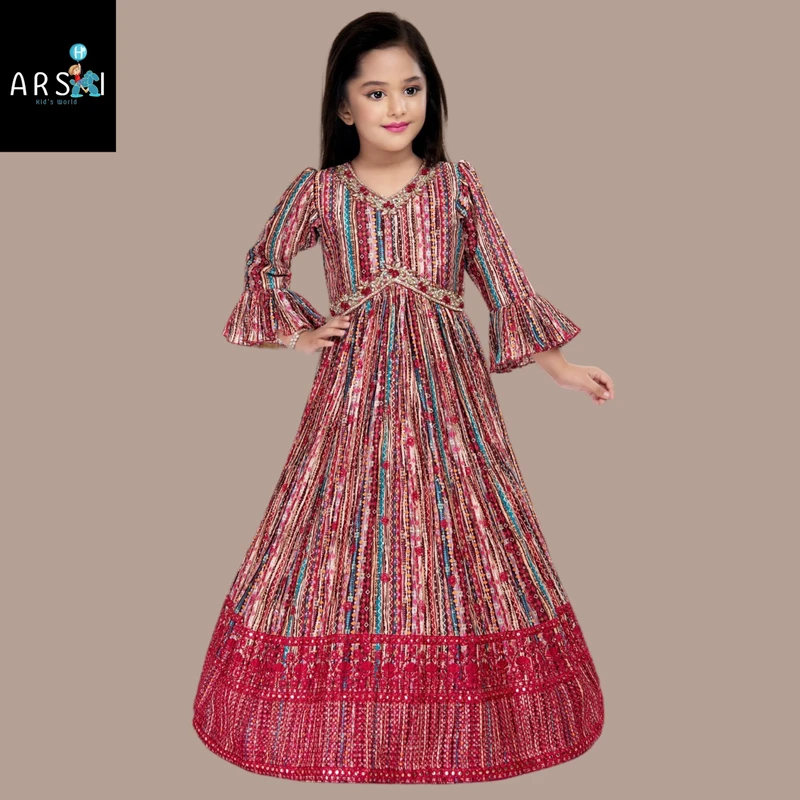 Girls Multicolor Printed Full Length Gown | Designer Party Wear Dress with Flared Sleeves