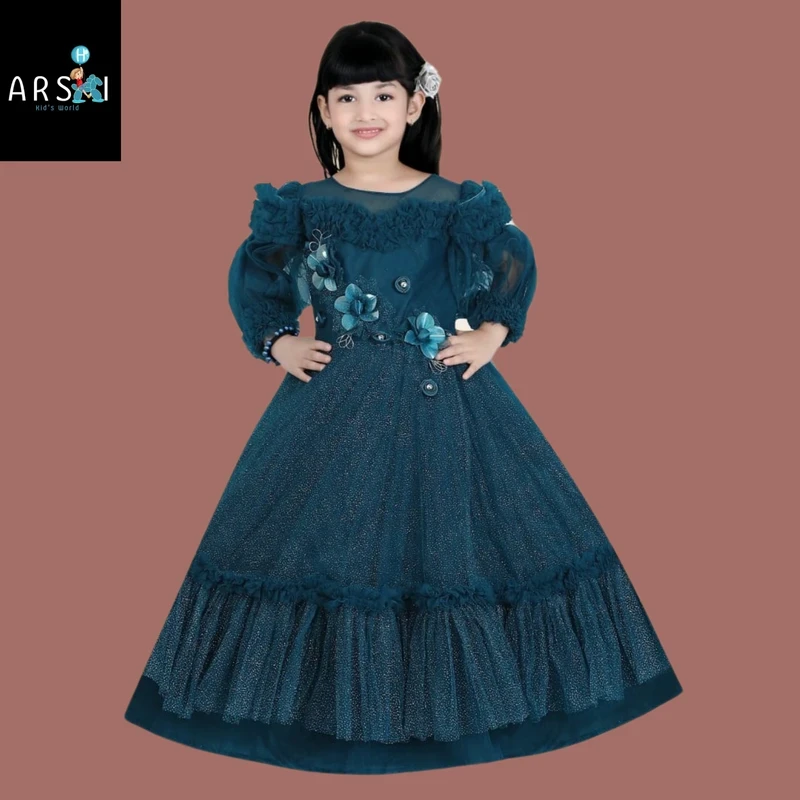 Girls Teal Blue Ruffle Net Gown with Floral Appliqué | Princess Style Birthday Party Dress for Kids