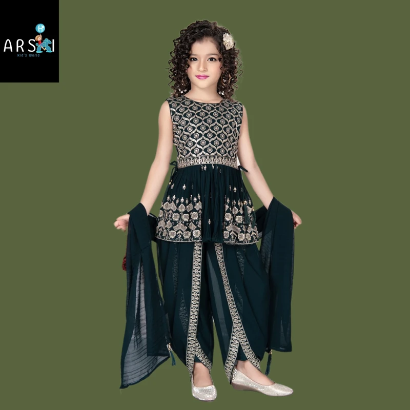 Girls Dark Green Peplum Kurti with Dhoti Pant | Designer Ethnic Party Wear Set for Kids