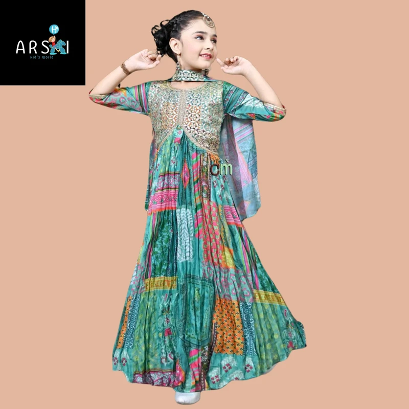 Girls Designer Anarkali Gown | Multicolor Mirror Work Dress with Dupatta for Weddings & Festivals