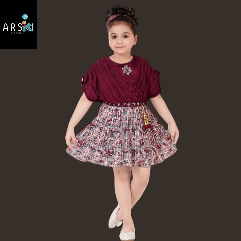 Girls Maroon Pleated Floral Party Dress | Elegant Short Sleeve Frock for Kids