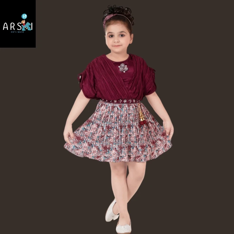 Girls Maroon Pleated Floral Party Dress | Elegant Short Sleeve Frock for Kids