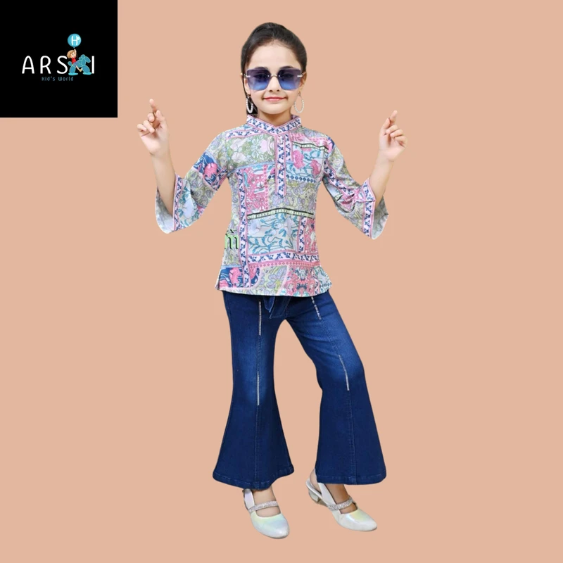 Girls Boho Printed Kurti with Flared Denim Pants | Stylish Ethnic Western Fusion Set