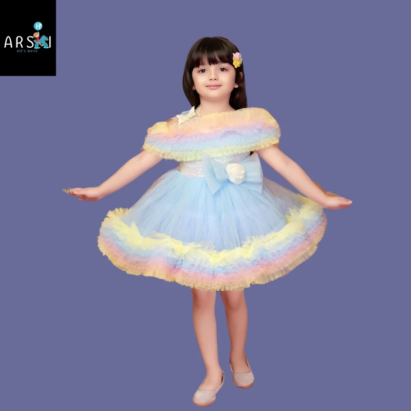 Girls Rainbow Ruffle Tutu Dress | Multicolor Off-Shoulder Birthday Frock with Bow for Kids