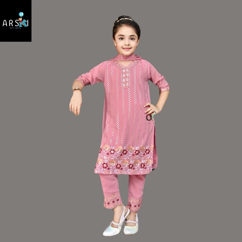 Girls Pink Embroidered Kurti Pant Set | Casual Ethnic Wear for Kids