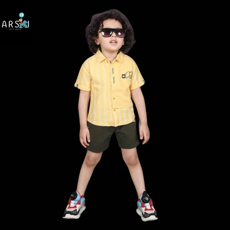Sunny Safari Boys Yellow Striped Shirt & Green Shorts Set | Cool Summer Wear