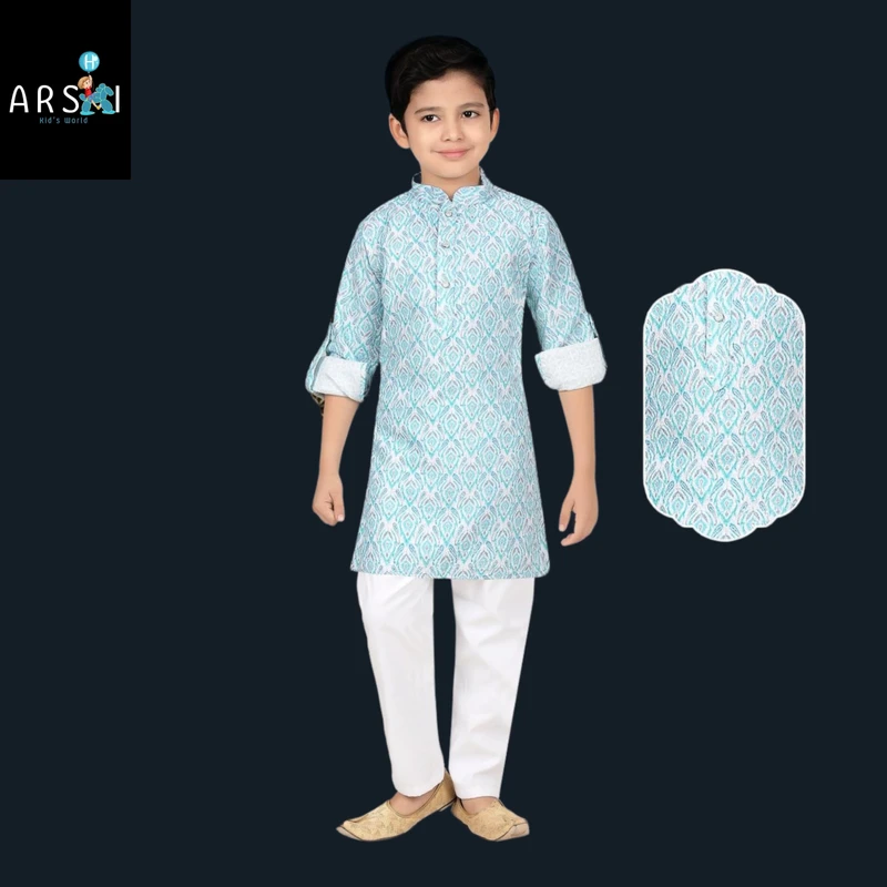 Boys Sky Blue Printed Cotton Panjabi with White Pajama | Traditional Eid Wear