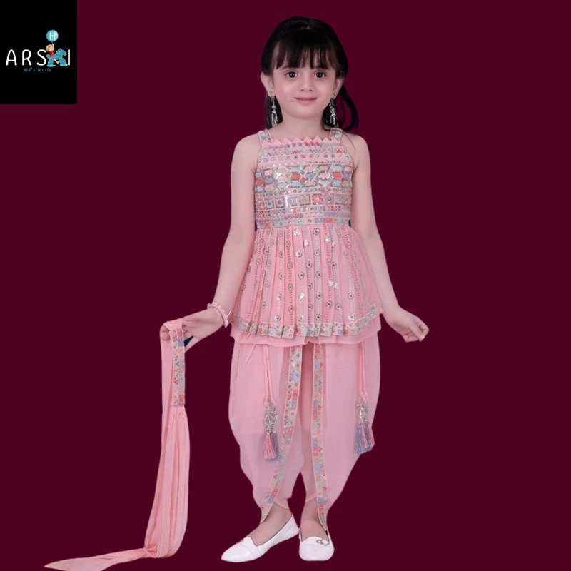 Girls Peach Mirror Work Patiala Suit | Elegant Designer Ethnic Wear for Parties
