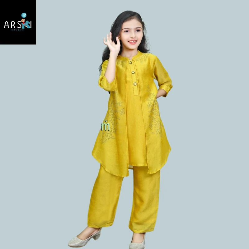 Bright Yellow Embroidered Kurti and Pant Set for Girls – 3/4 Sleeve Asymmetrical Top with Elegant Thread Work