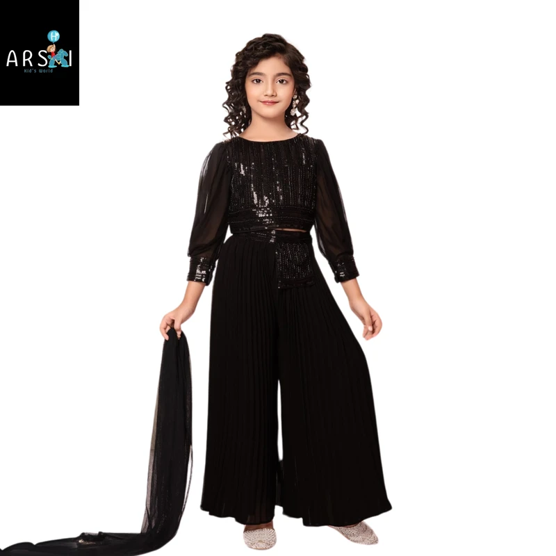 Girls Black Sequin Palazzo Suit with Dupatta | Party Wear Kids Ethnic Dress