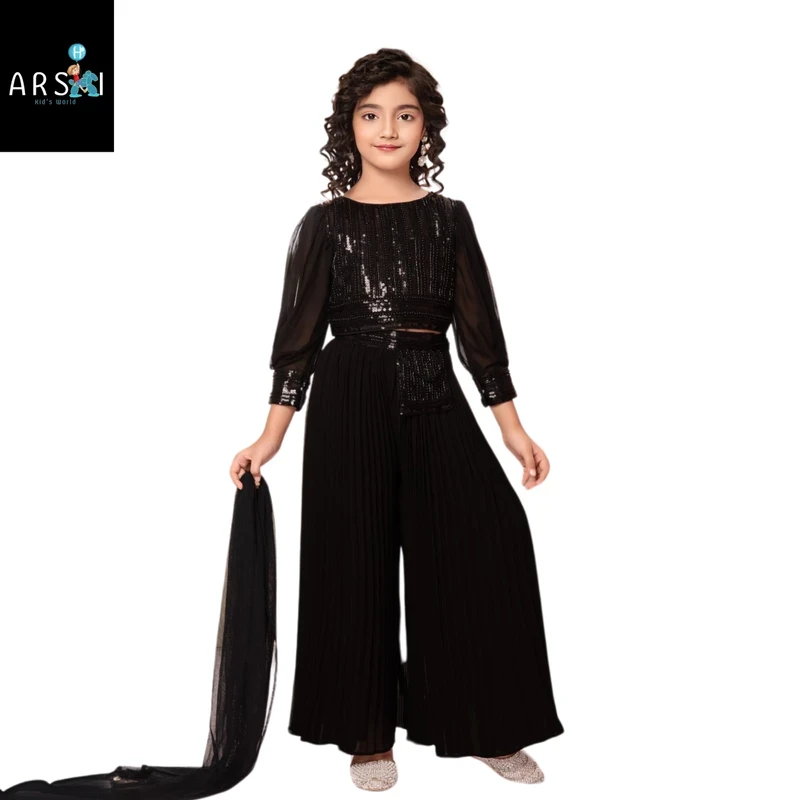 Girls Black Sequin Palazzo Suit with Dupatta | Party Wear Kids Ethnic Dress