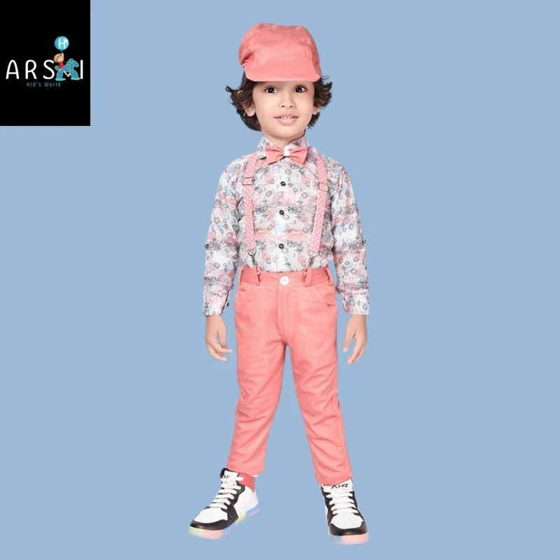 Boys Peach Formal Party Outfit Set | Printed Shirt, Bow Tie, Suspenders & Cap for Kids