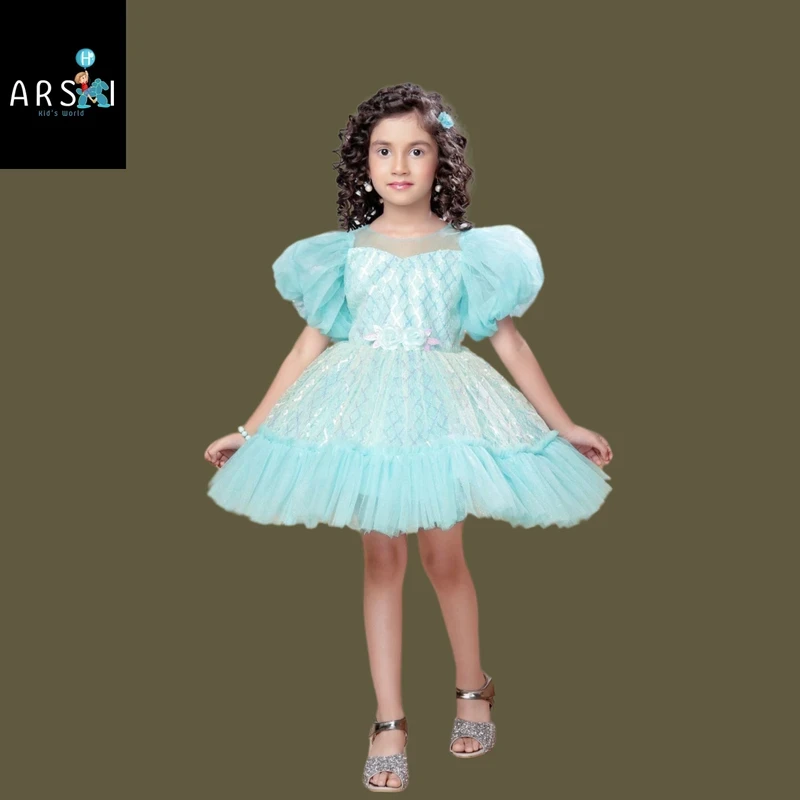 Girls Sky Blue Puff Sleeve Tulle Dress | Shimmery Net Birthday Party Frock for Kids