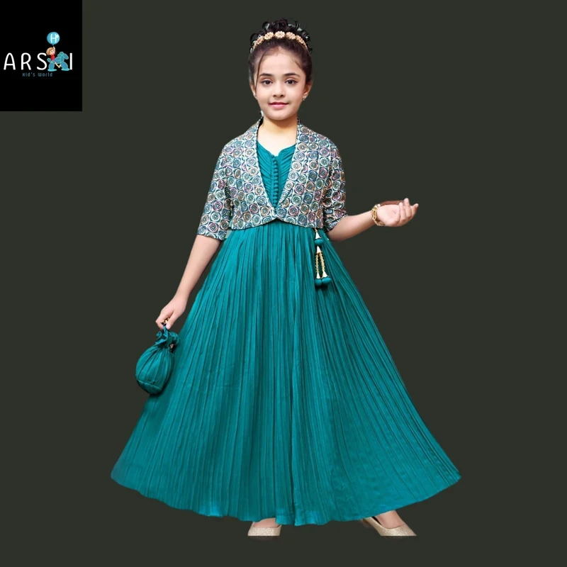 Girls Teal Floor Length Gown with Embroidered Jacket | Stylish Party Wear Dress with Matching Potli Bag