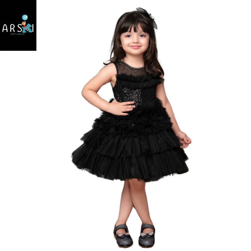 Black Sleeveless Ruffled Tutu Dress for Girls | Sparkly Party Frock for Birthdays & Events