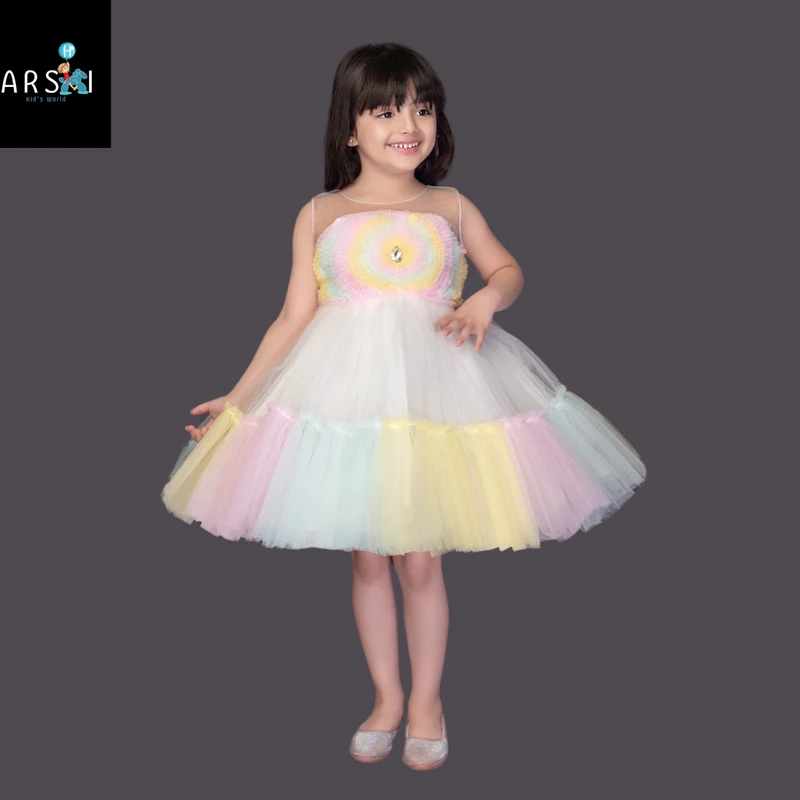 Girls Pastel Rainbow Tulle Dress | Sleeveless Knee-Length Birthday Party Frock for Kids