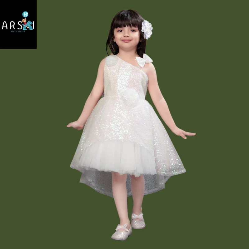 Girls White Sequin High-Low Dress | One Shoulder Party Wear Tutu Gown for Kids