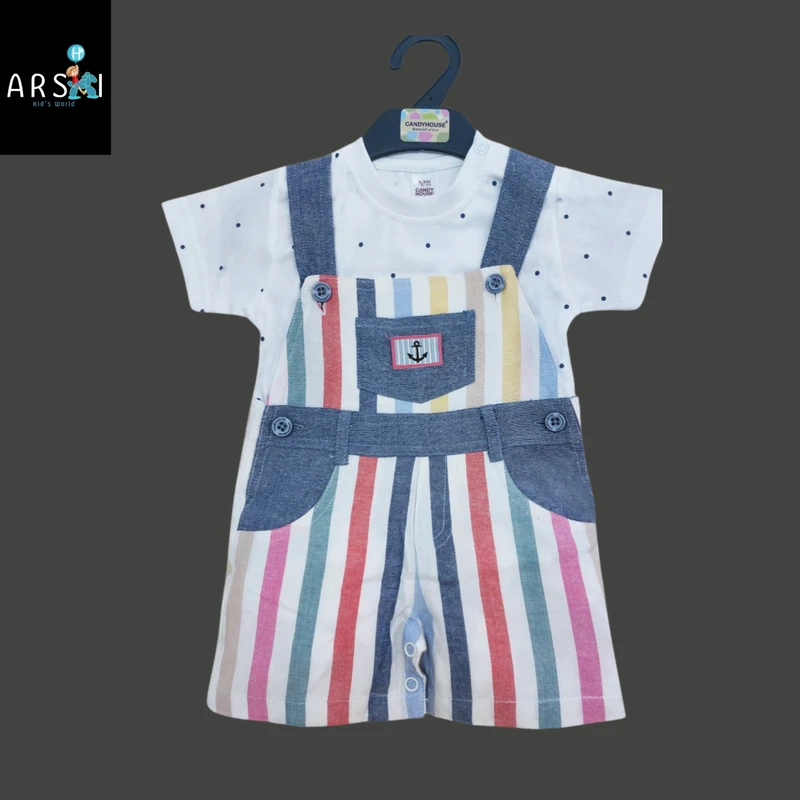 Baby Boys Multicolor Striped Denim Overall Romper with Polka Dot T-Shirt | Summer Casual Outfit Set