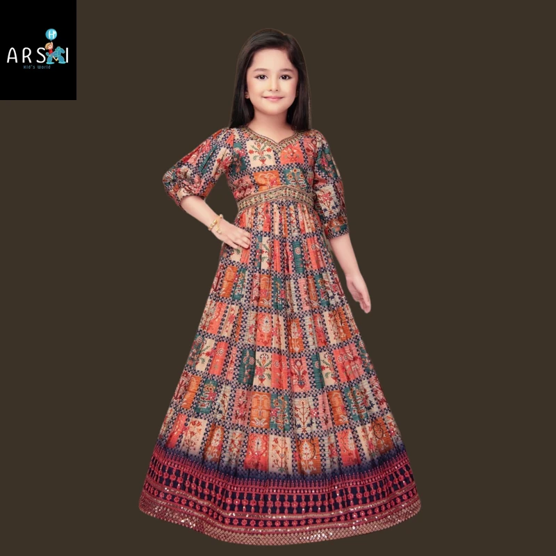 Girls Multicolor Printed Long Anarkali Dress | Ethnic Floor-Length Gown for Kids Festive Wear