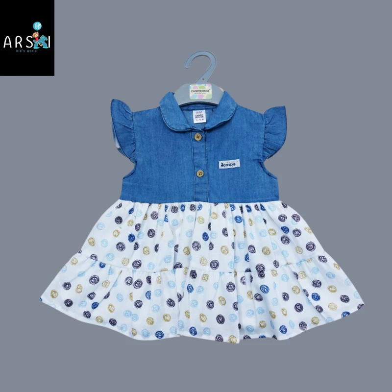 Girls Denim & Polka Dot Tiered Frock | Casual Collared Dress for Toddlers