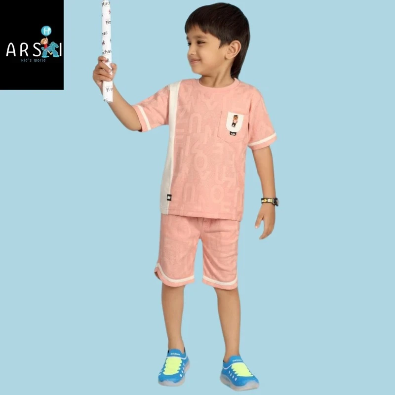 Boys Peach Alphabet Print Co-ord Set | Soft & Stylish Summer Wear