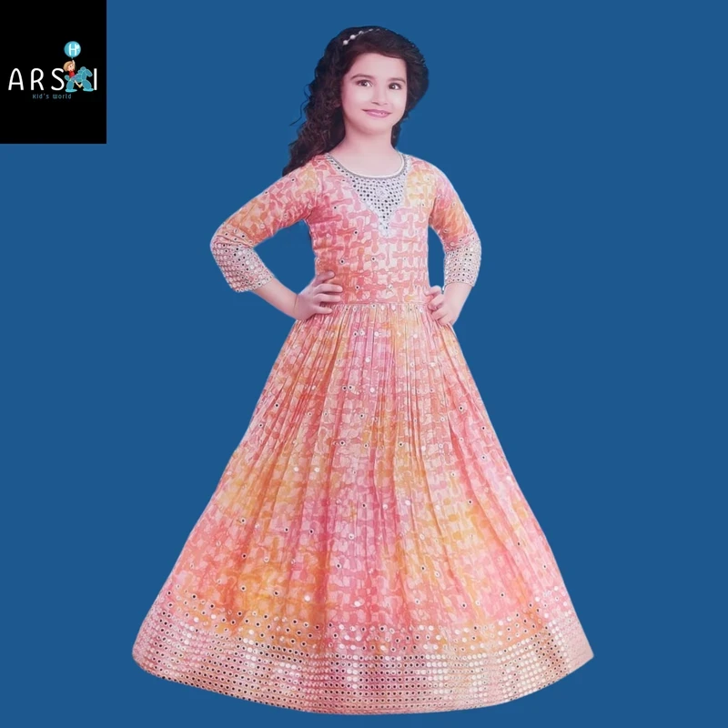 Girls Orange-Pink Mirror Work Gown | Festive Long Anarkali Dress for Weddings & Parties
