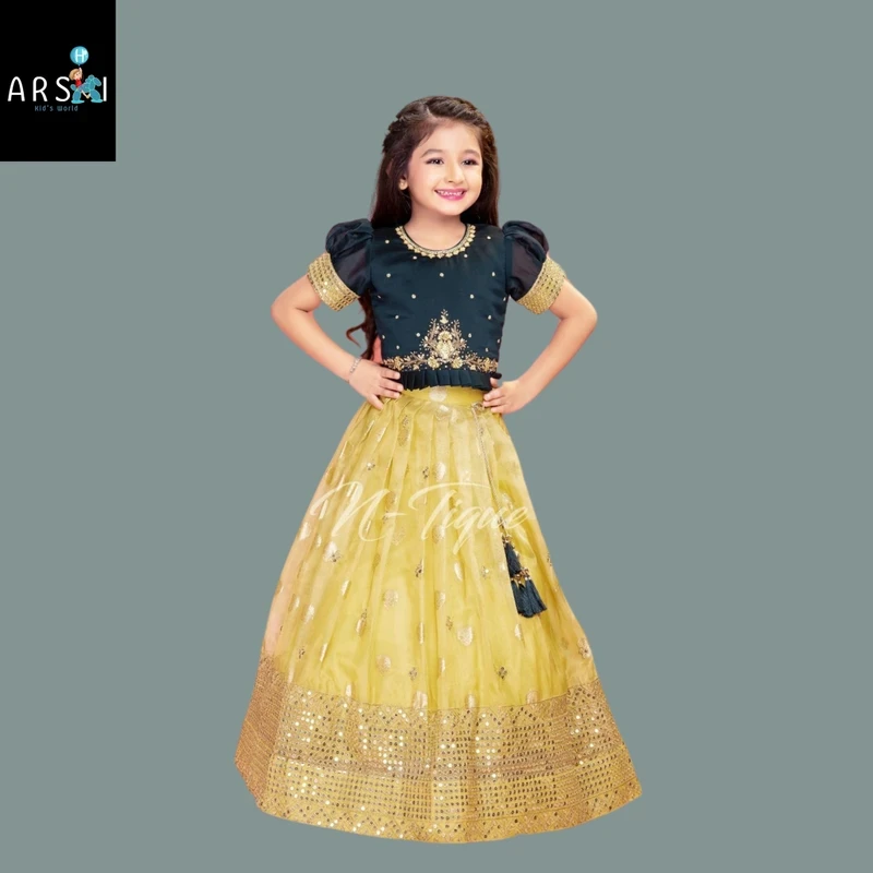 Navy Blue and Yellow Embroidered Lehenga Set for Girls | Festive Wear with Puff Sleeves & Tassels