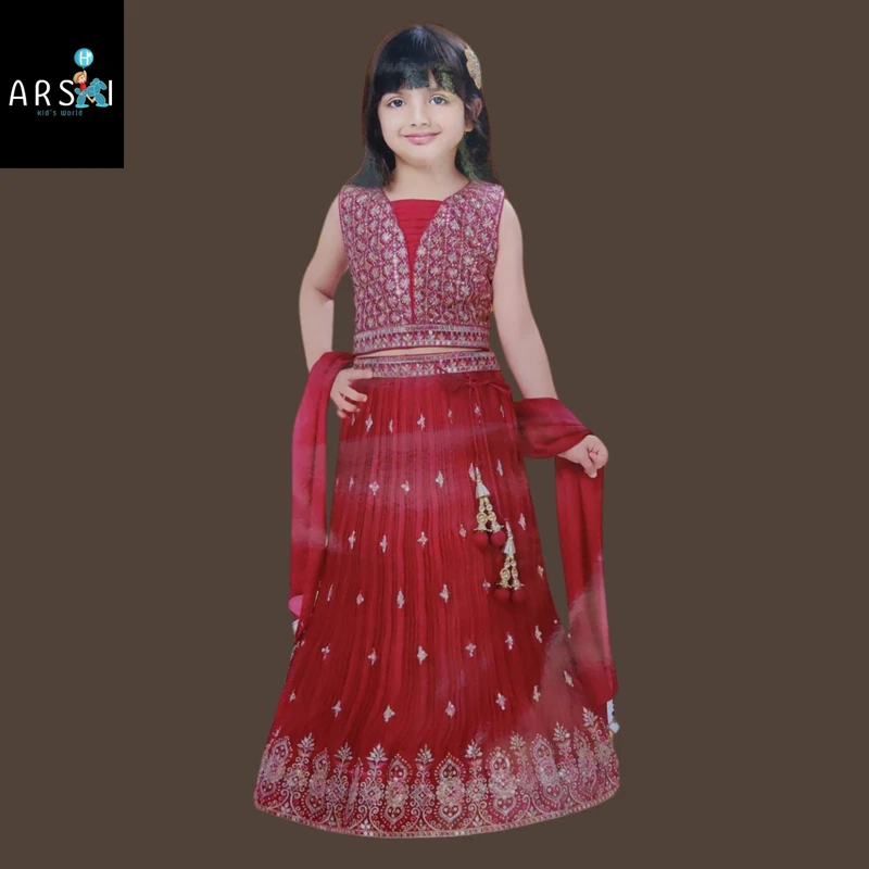 Red Sleeveless Embroidered Lehenga Choli for Girls | Traditional Party Wear Dress with Dupatta
