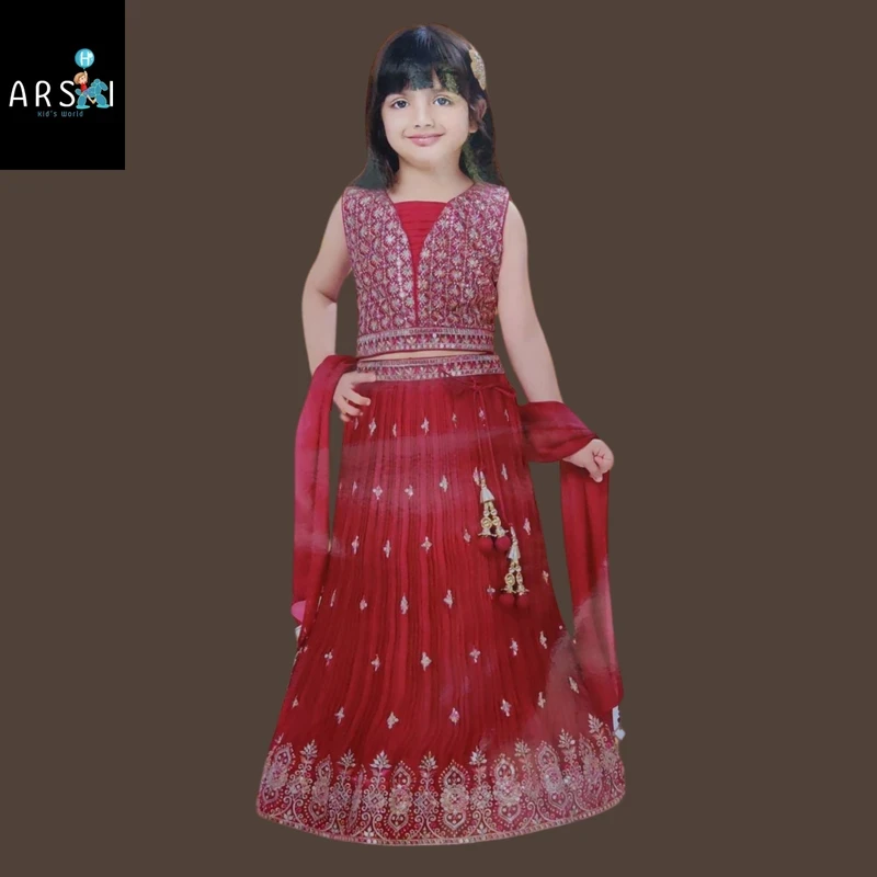 Red Sleeveless Embroidered Lehenga Choli for Girls | Traditional Party Wear Dress with Dupatta