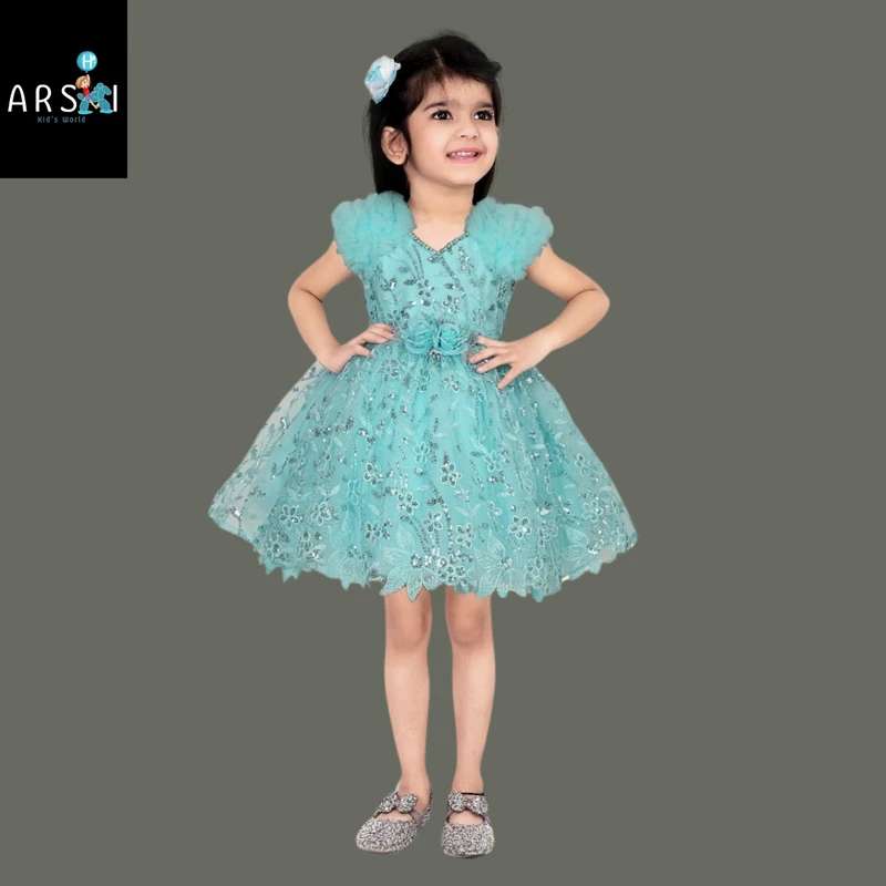 Girls Aqua Blue Floral Lace Party Dress | Sleeveless Knee-Length Frock with Bow for Kids