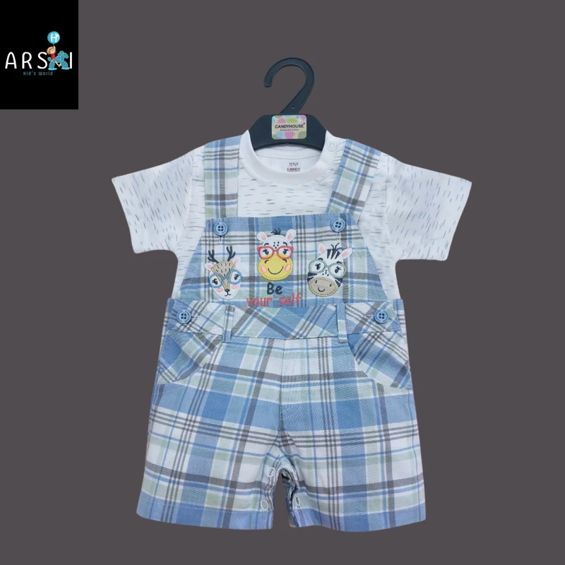 Boys Blue Check Dungaree Romper with Be Yourself Animal Print | Soft Summer Outfit for Toddlers