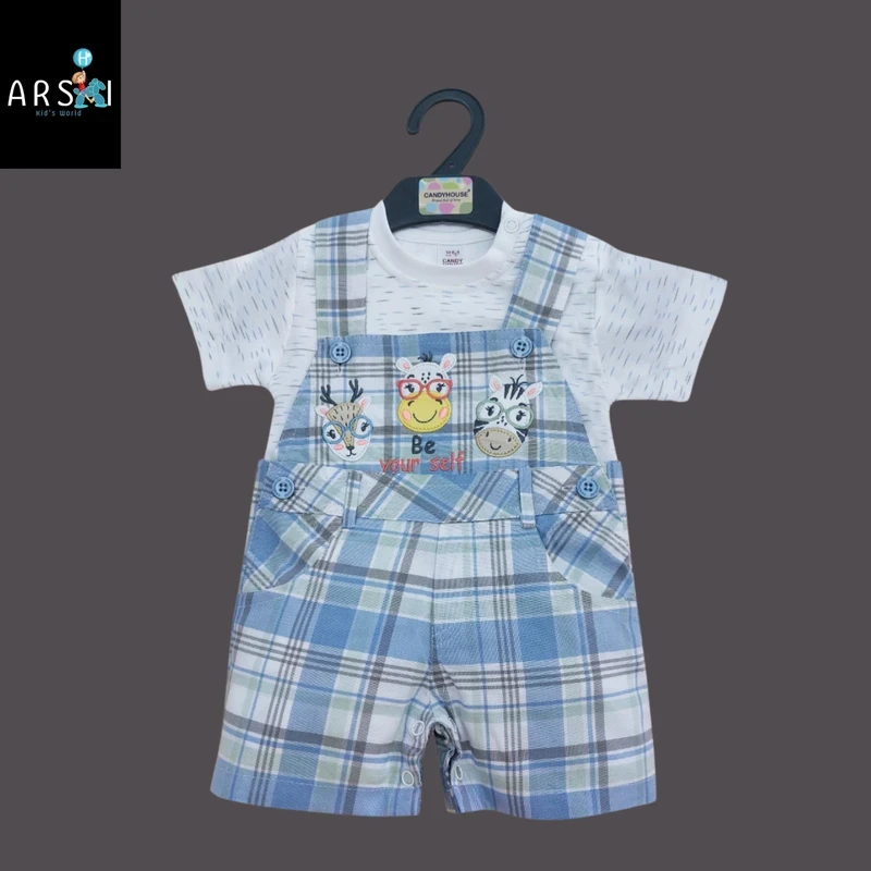 Boys Blue Check Dungaree Romper with Be Yourself Animal Print | Soft Summer Outfit for Toddlers