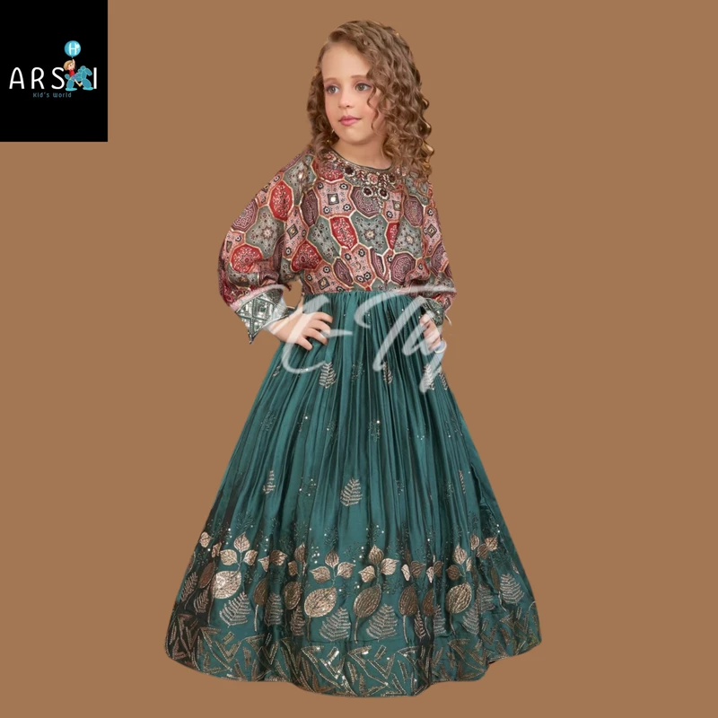 Girls Green Gown with Traditional Printed Cape | Ethnic Festive Wear Dress with Golden Leaf Embroidery