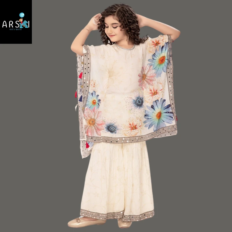 Cream Floral Printed Poncho Top with Sharara for Girls | Stylish Ethnic Party Wear Set