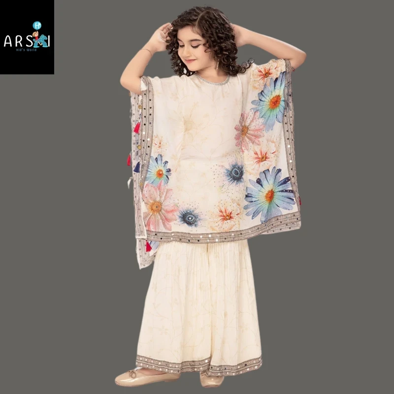 Cream Floral Printed Poncho Top with Sharara for Girls | Stylish Ethnic Party Wear Set