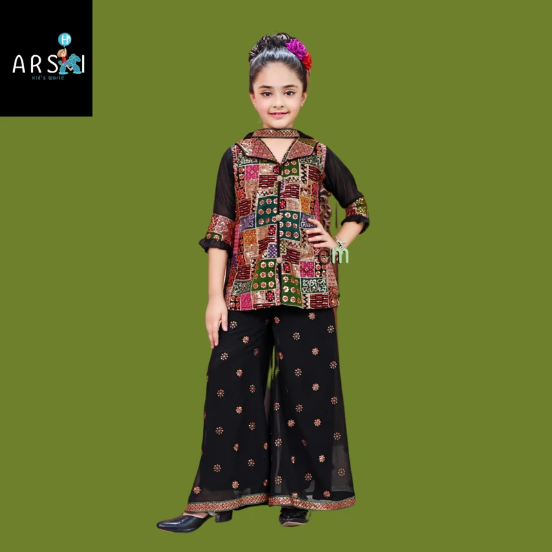 Boho Printed Kurti with Black Palazzo Set for Girls – Multicolor Patchwork Top & Embroidered Wide-Leg Pants
