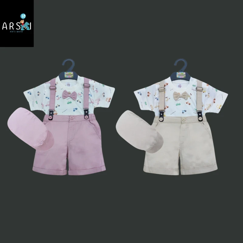 Boys Suspender Shorts Outfit Set with Bowtie & Cap | 2-Piece Stylish Dress Combo in Beige & Pink