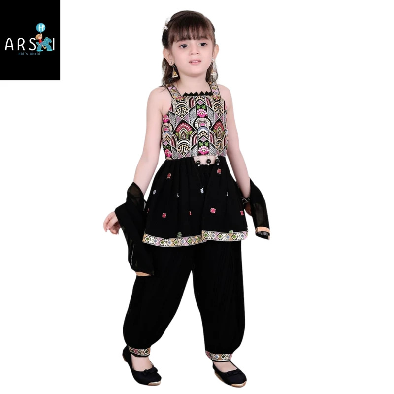 Girls Black Sleeveless Kurti with Patiala Salwar | Embroidered Punjabi Suit Set for Kids