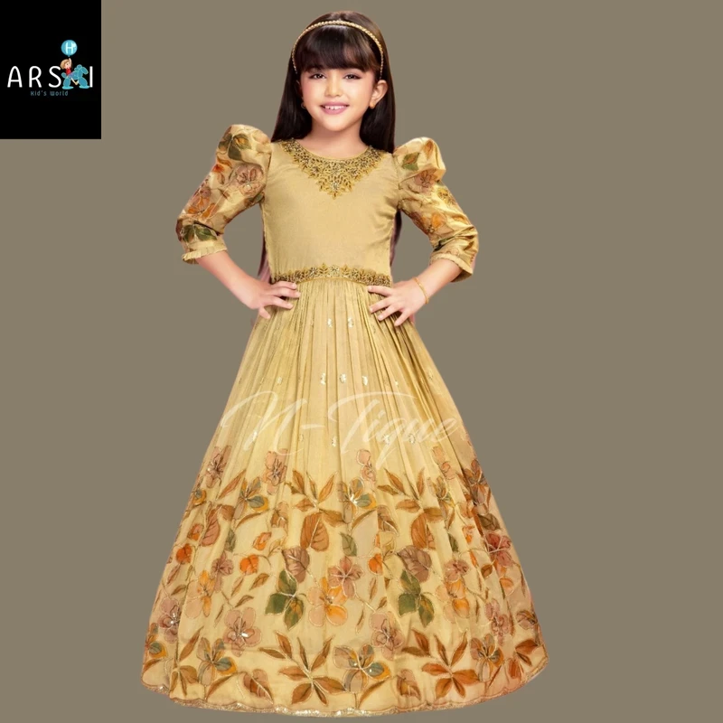 Elegant Golden Floral Embroidered Gown for Girls – Puff Sleeve Party Dress