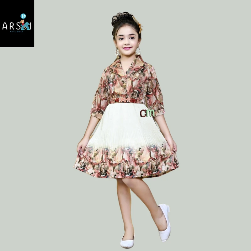Floral Printed Shirt Style Frock for Girls – Pleated White Skirt with 3/4 Sleeve Collared Top (Party & Casual Wear)