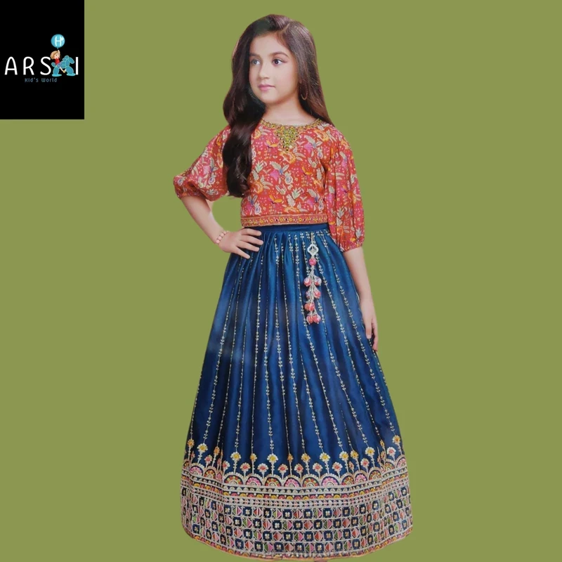 Red and Blue Embroidered Lehenga Choli for Girls | Traditional Festive Outfit with Tassel Detail