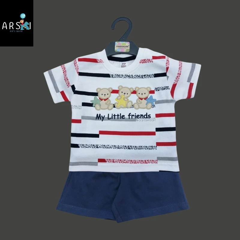 Baby Boys Cartoon Bear T-Shirt and Navy Shorts Set | 'My Little Friends' Summer Casual Wear