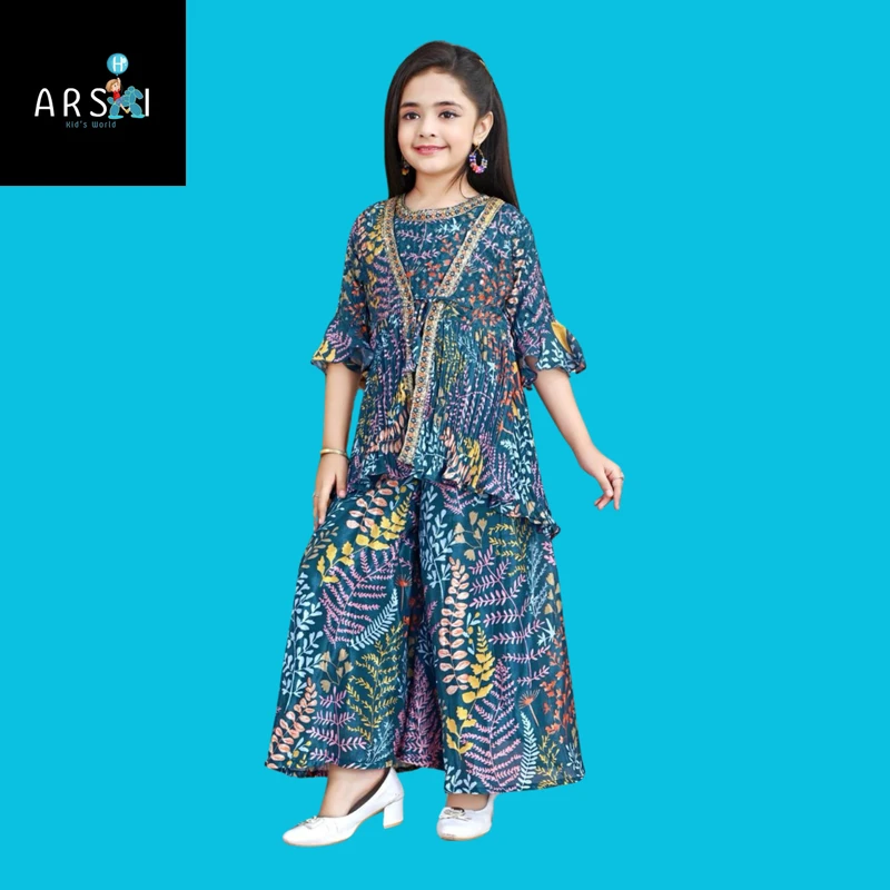 Girls Floral Leaf Print Co-Ord Set | Stylish Kurti with Palazzo Pants for Festive & Casual Wear